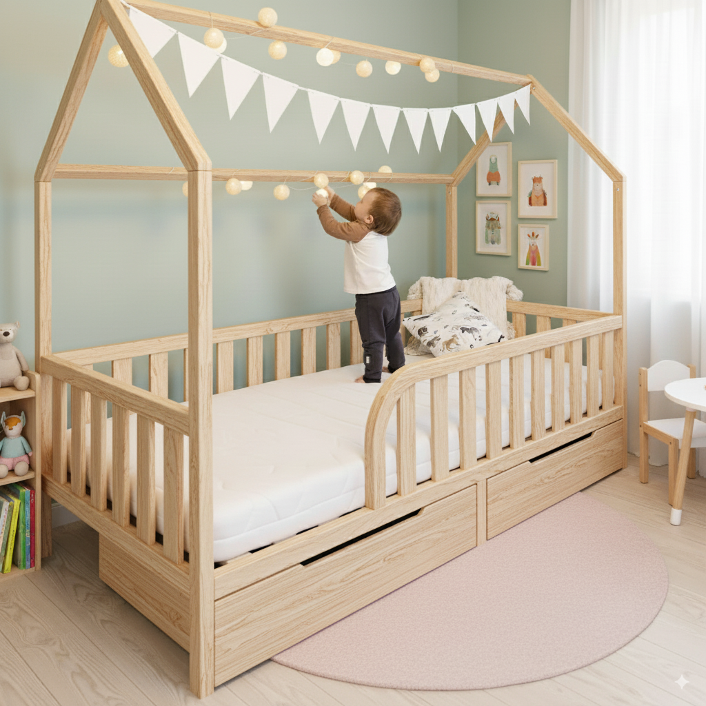 Kinderbett Hausbett Homy aus FSC-zertifiziertem Kiefernholz mit Rausfallschutz und zwei praktischen Schubladen im Kinderzimmer.