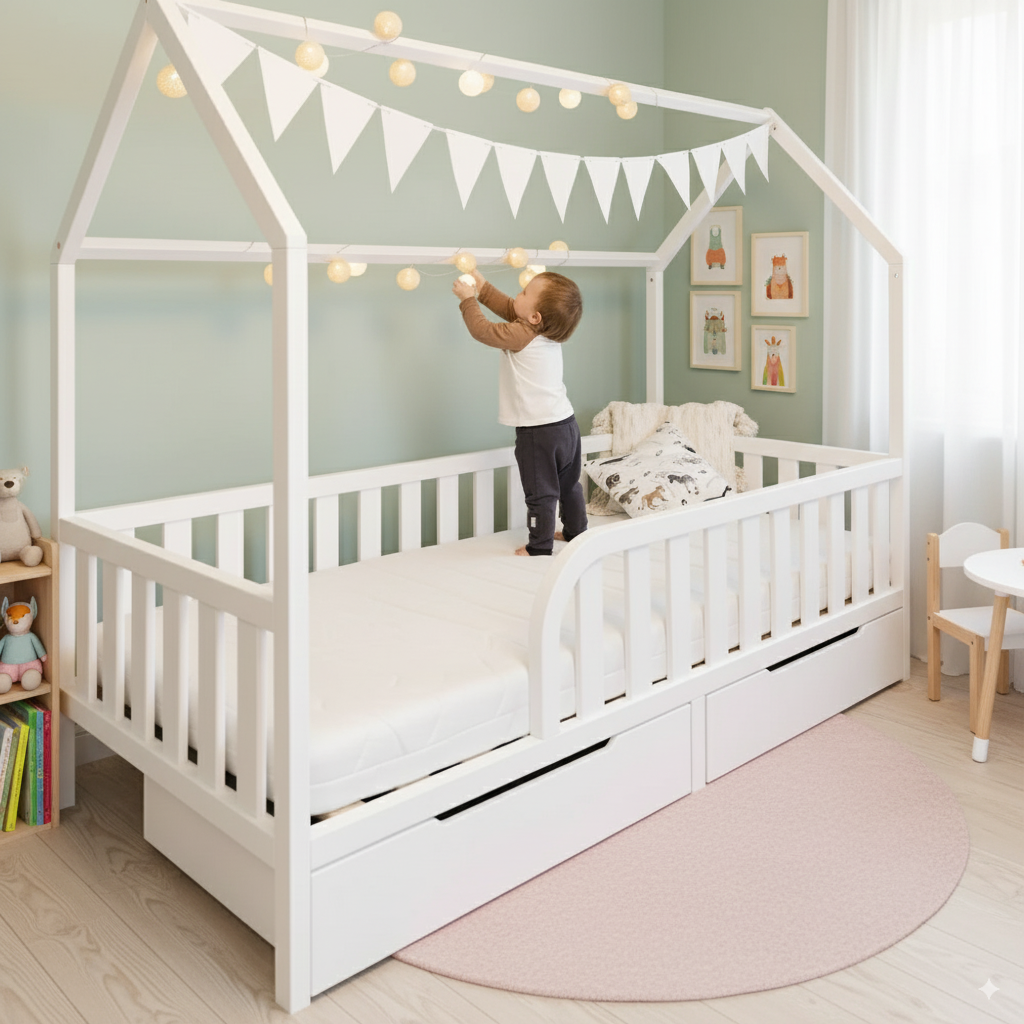 Weißes Hausbett Homy aus FSC-Kiefernholz mit Rausfallschutz, 2 Schubladen und kinderfreundlichem Design im modernen Kinderzimmer.