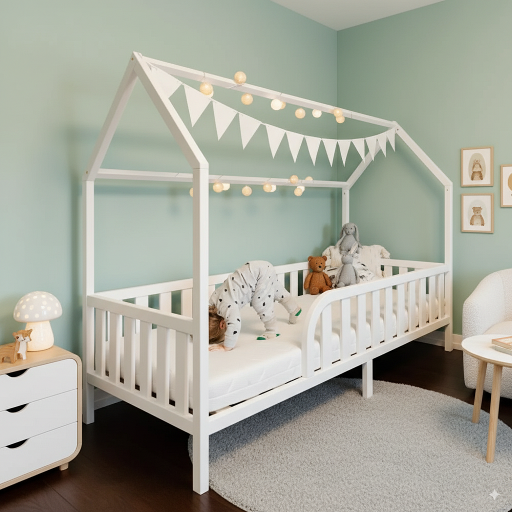 Weißes Hausbett Homy mit Rausfallschutz aus FSC-Kiefernholz, dekoriert mit Lichterkette und Wimpelgirlande im modernen Kinderzimmer.