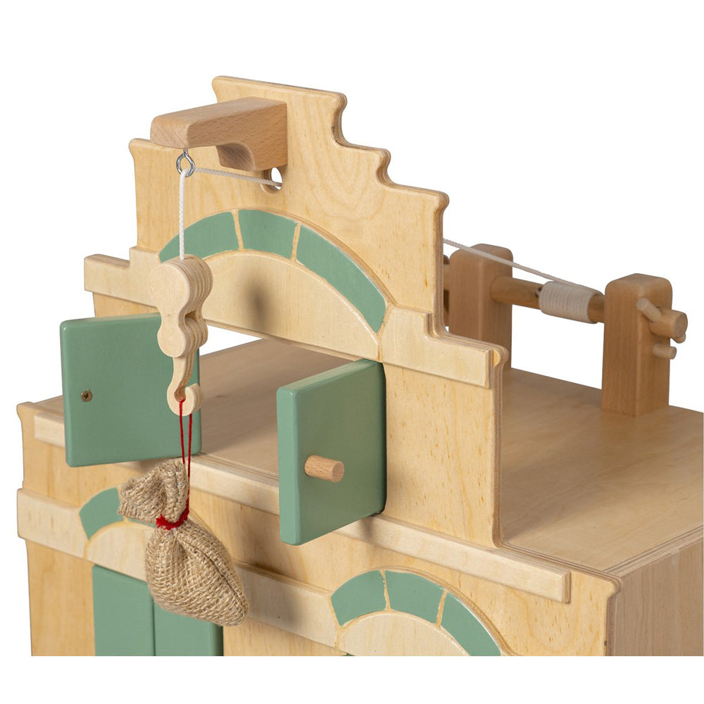 Holzspielhaus Lagerhaus mit Hebemechanismus und Erbsensäckchen, fördert Motorik und Kreativität, ideal für Spielzeug & Spiele Kinder.