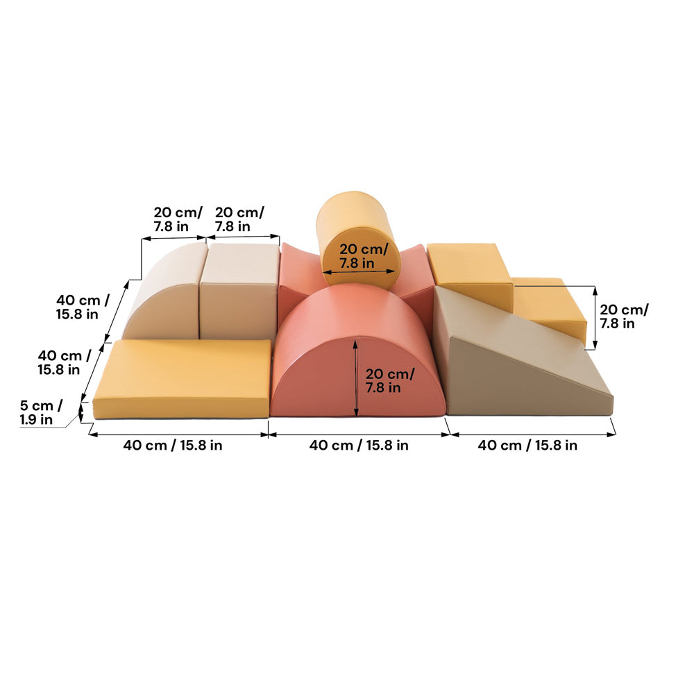 Softblock Bausteinset 8 Teile in herbstlichen Pastellfarben, weiche Formen zum Klettern, Spielen und Erkunden für Kinderzimmer und Spielmöbel.