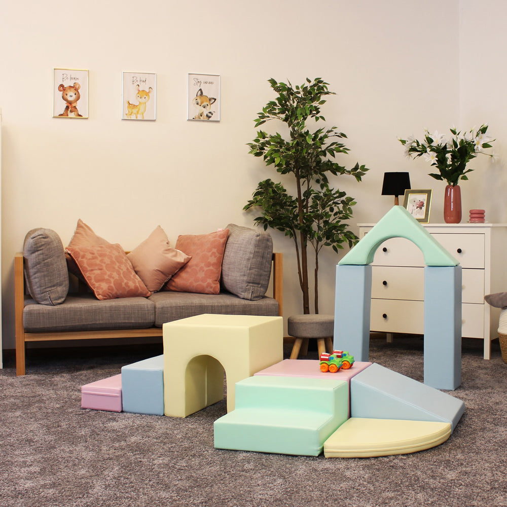 Softblock 10-teiliges Bausteinset in hellen Pastellfarben zum Klettern und Bauen, ideal für Spiel & Bewegung Kinderzimmer.