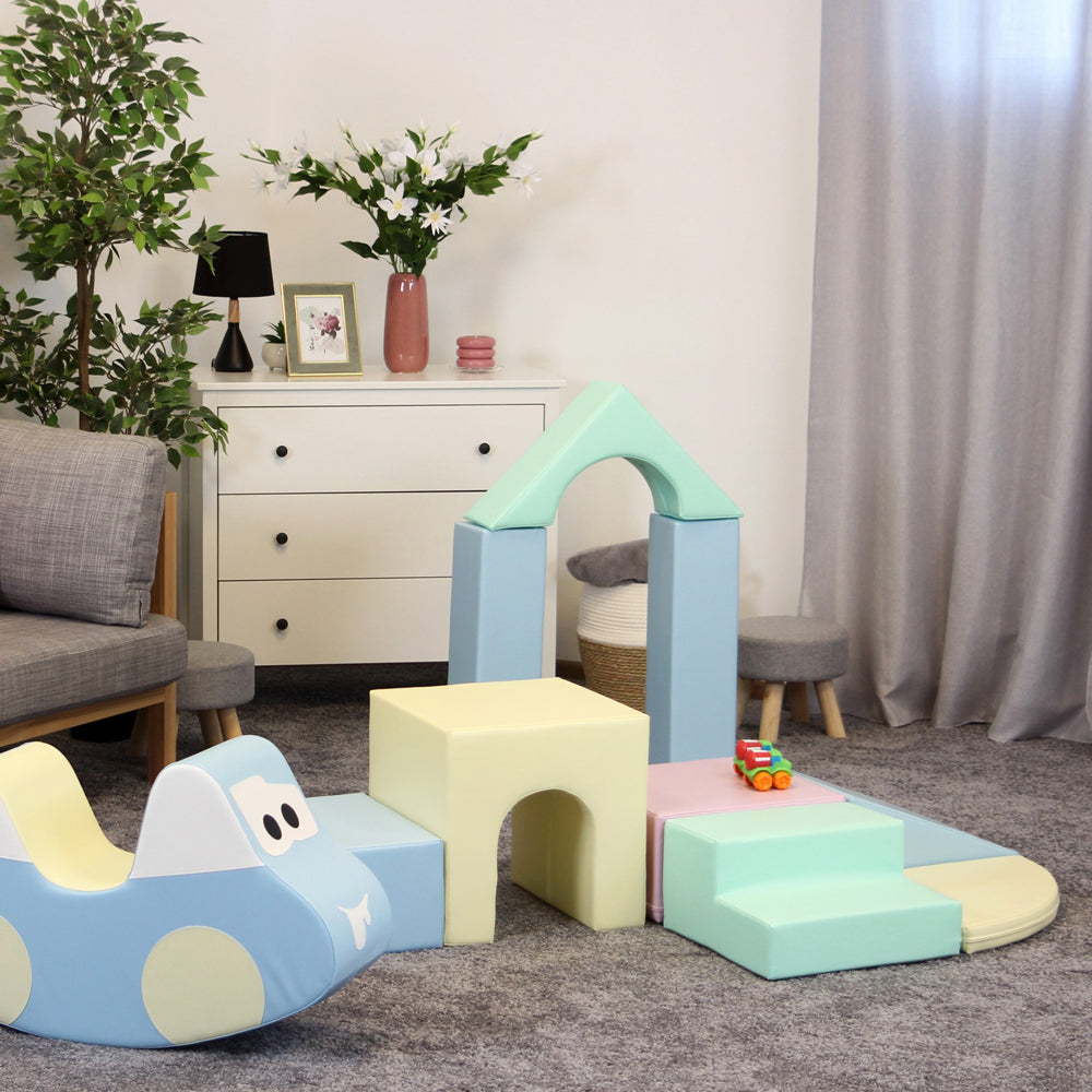Weiches Motorikspielzeug Softblock 10-teiliges Bausteinset in Pastellfarben für kreatives Spielen und Bewegung im Kinderzimmer.