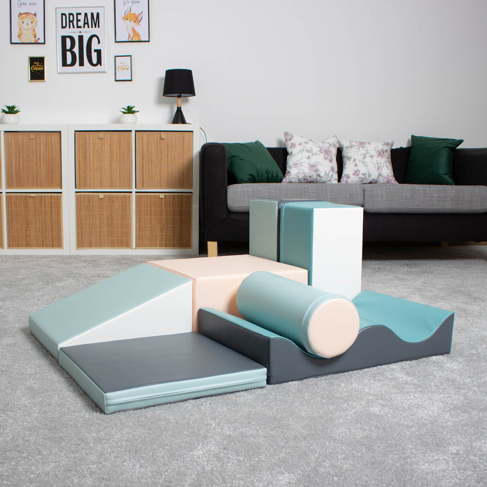 Motorikspielzeug Softblock 7-teiliges Bausteinset in blauen Pastelltönen für Spiel & Bewegung Kinder, Neu und festliche Favoriten vor Weihnachten