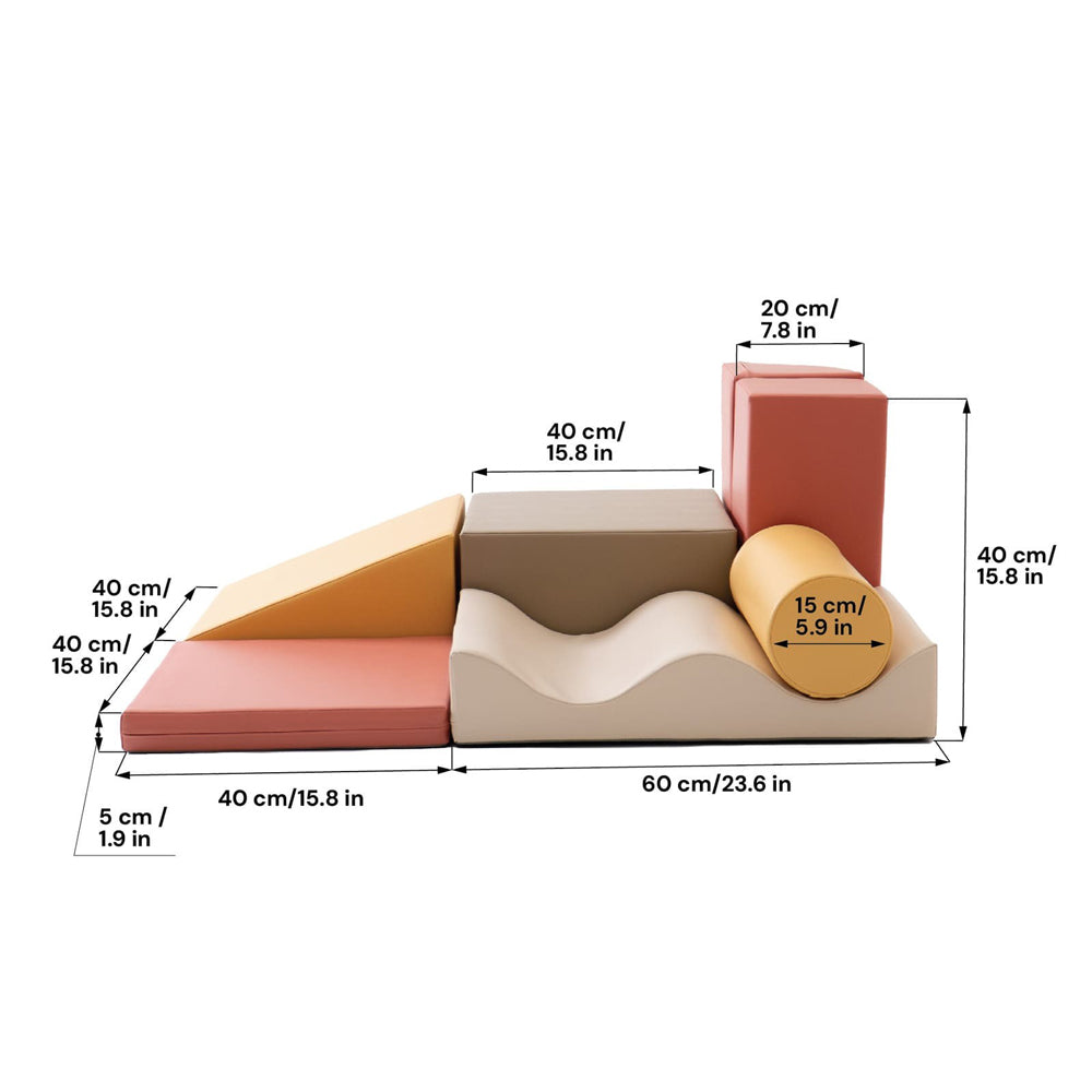 Softblock 7-teiliges Bausteinset in herbstlichen Pastellfarben für Kinderzimmer, fördert Motorik und Kreativität spielerisch und sicher.
