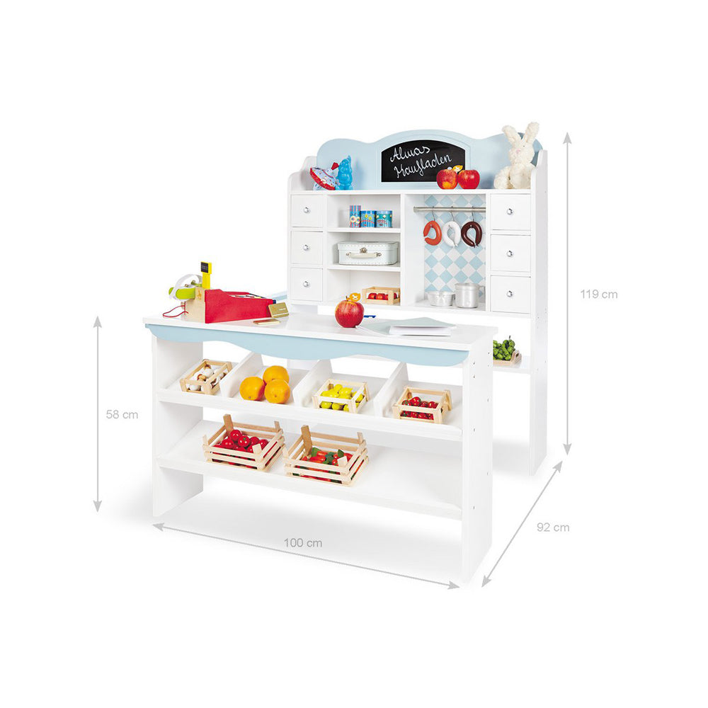 Kaufladen extra groß mit 6 Schubladen, Fächern und variablem Tresen aus Holz für Kinderküchen und Motorikspielzeug.