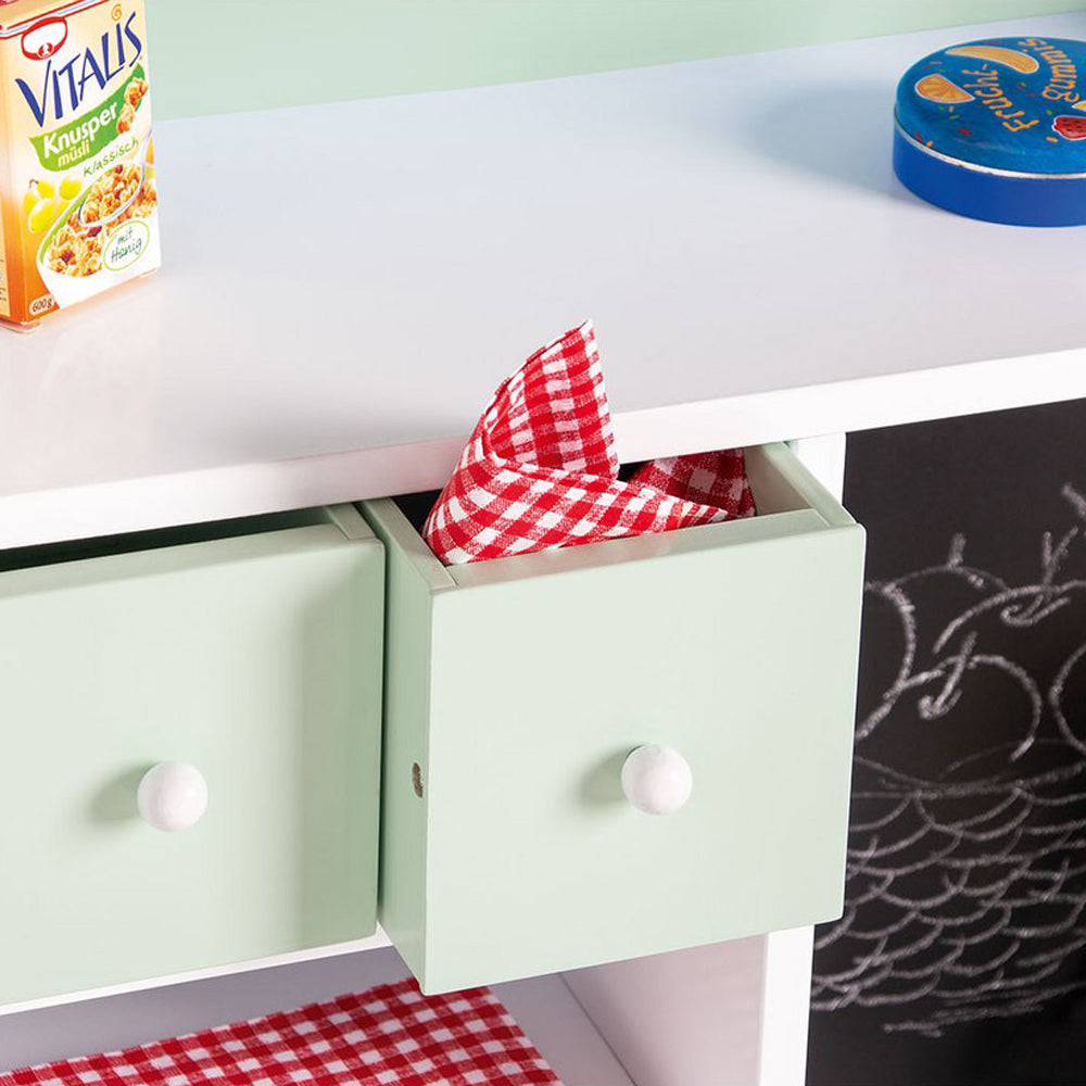 Kinder Kaufladen mit Schubladen und Fächern aus Holz, ideal für Spielzeug & Spiele, Kinderküchen und Motorik-Spielzeug Sammlungen.