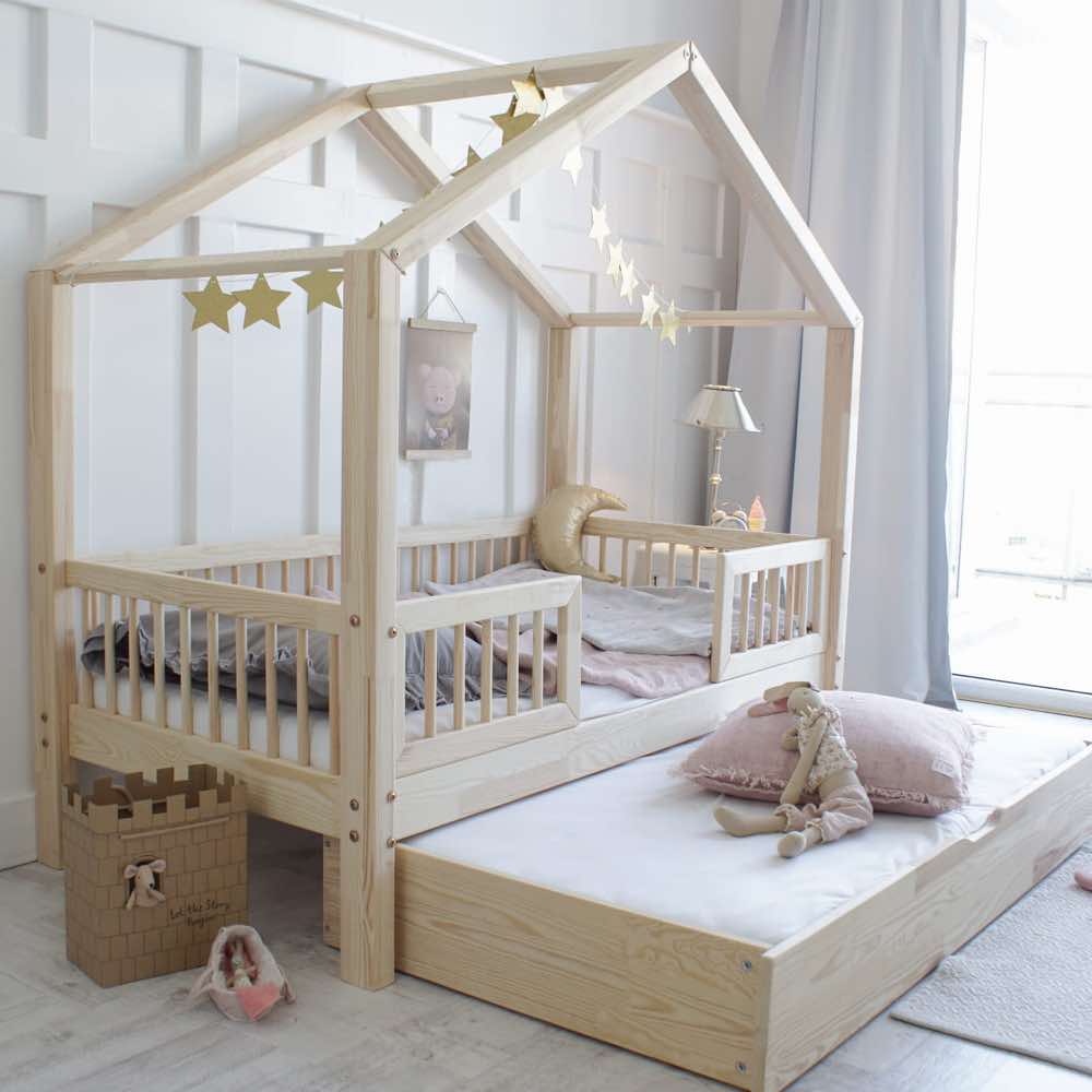 Kinder Hausbett Casa Mi Plus aus Holz mit Rausfallschutz & Schublade, Hausbett-Kiefer - Kindersein