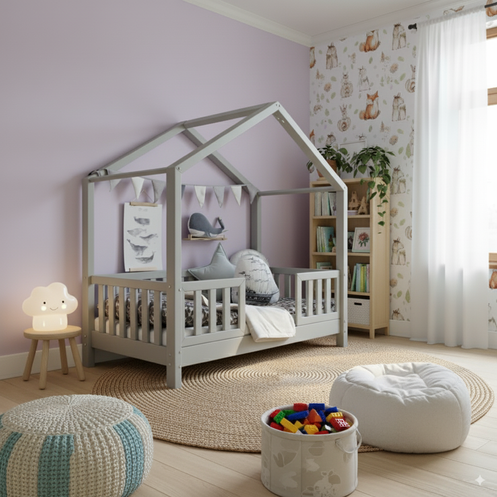 Kinder Hausbett Domi Mi aus Holz mit Rausfallschutz, gemütliches und sicheres Schlafhaus für Kinder in sanfter grauer Farbe im Kinderzimmer.