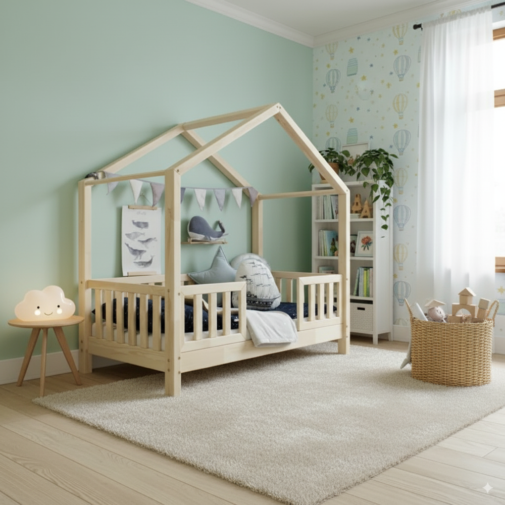 Kinder Hausbett Domi Mi aus hellem Kiefernsperrholz mit Rausfallschutz, gemütlich und sicher für Kinderzimmer in modernem Design.