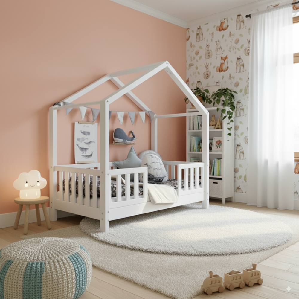 Weißes Kinderhausbett Domi Mi aus Holz mit Rausfallschutz in gemütlichem, sicherem Kinderzimmer mit dezentem Dekor.