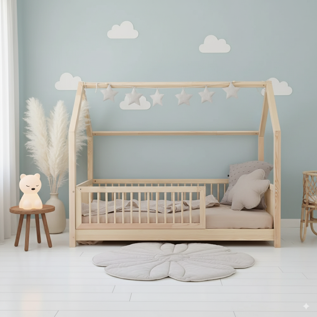 Kinder Hausbett Flori aus FSC-zertifiziertem Kiefernsperrholz mit Rausfallschutz und verspielter Sternengirlande in gemütlichem Kinderzimmer.