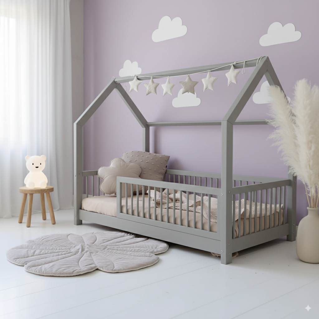Kinder Hausbett Flori aus Holz in Grau mit Rausfallschutz, dekorativen Sternen und sanfter Kinderzimmer-Einrichtung auf lila Wandfarbe