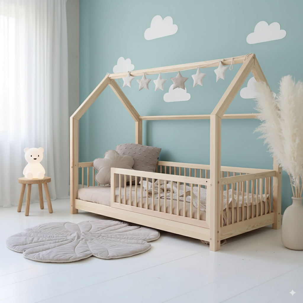 Kinderhausbett Flori aus FSC-zertifiziertem Kiefernsperrholz, sicherer Rausfallschutz, liebevolles Design für gemütliche Kinderzimmer.