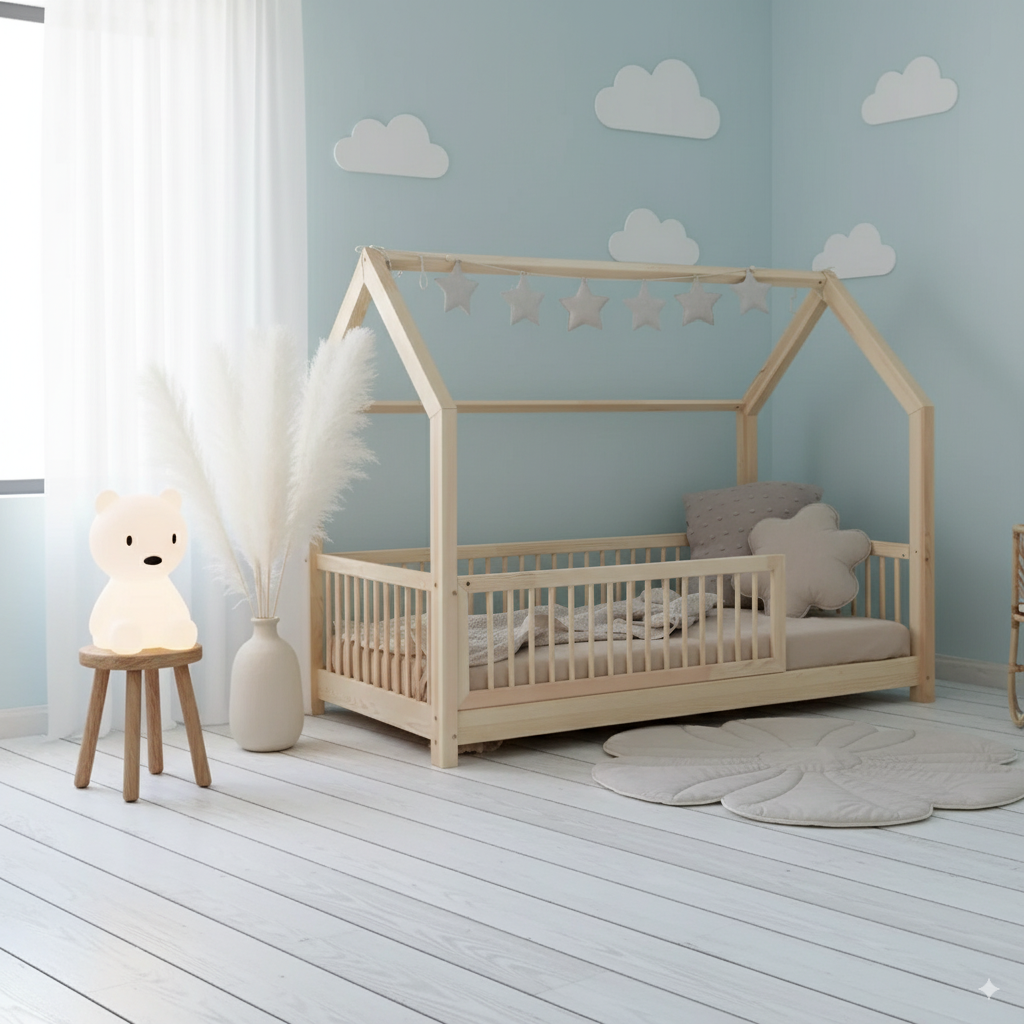 Kinderhausbett Flori aus FSC-zertifiziertem Kiefersperrholz mit abnehmbarem Rausfallschutz, für ein gemütliches und sicheres Kinderzimmer.