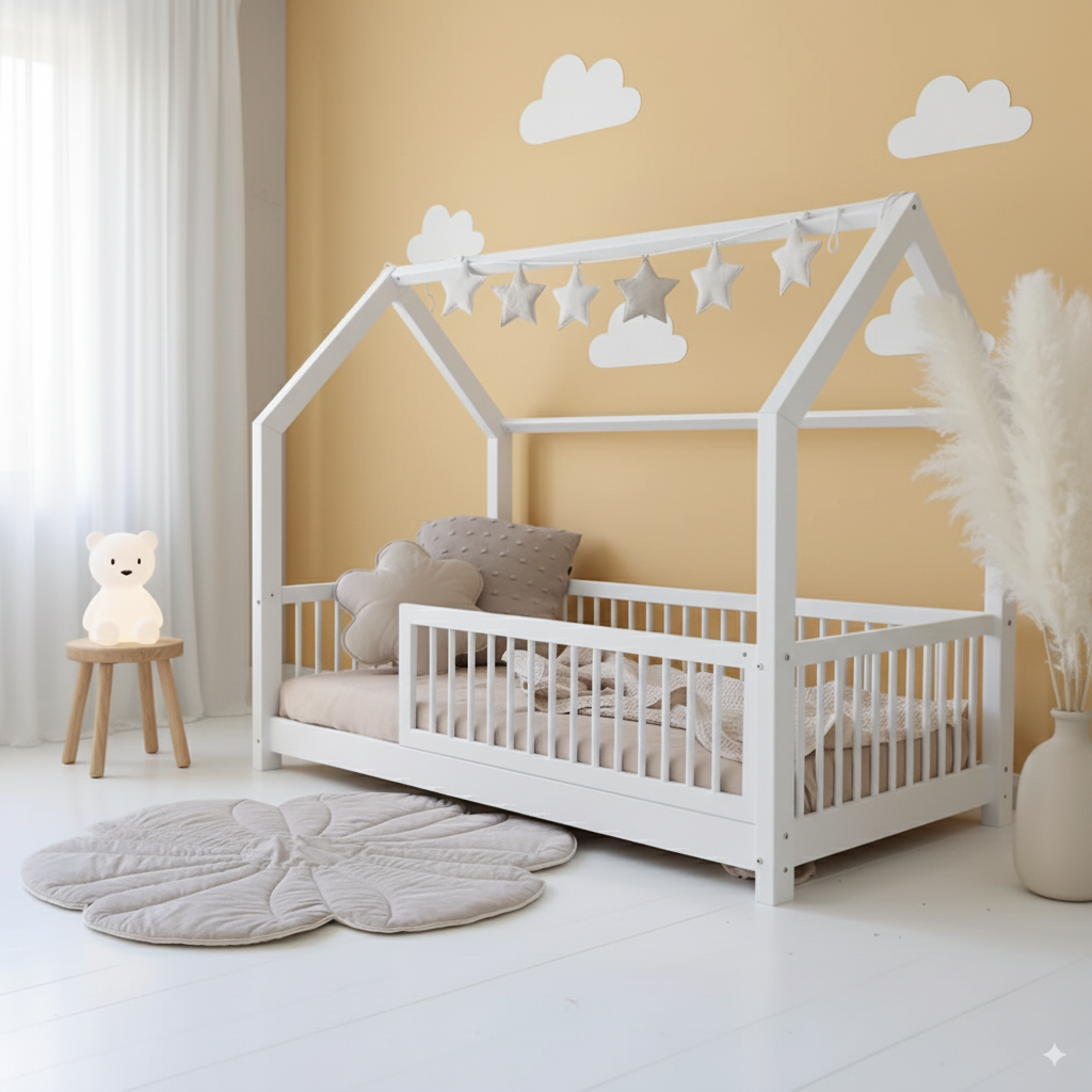 Kinderhausbett Flori aus Holz in Weiß mit Rausfallschutz, kindgerecht und sicher, ideal für gemütliches Kinderzimmer-Ambiente.