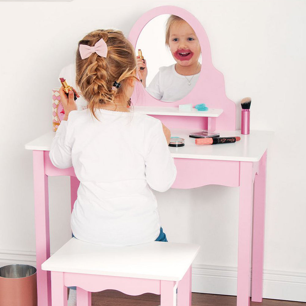 Kinder Schminktisch Rosa & Weiß, mit Spiegel & Hocker