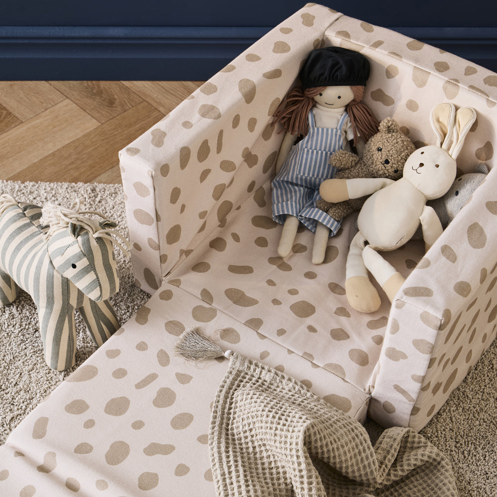 Kinder Sessel ausklappbar zur Liegefläche mit Baumwollbezug, ideal für Spielmöbel, Sitzmöbel für Kinder und Bewegungsspielräume.