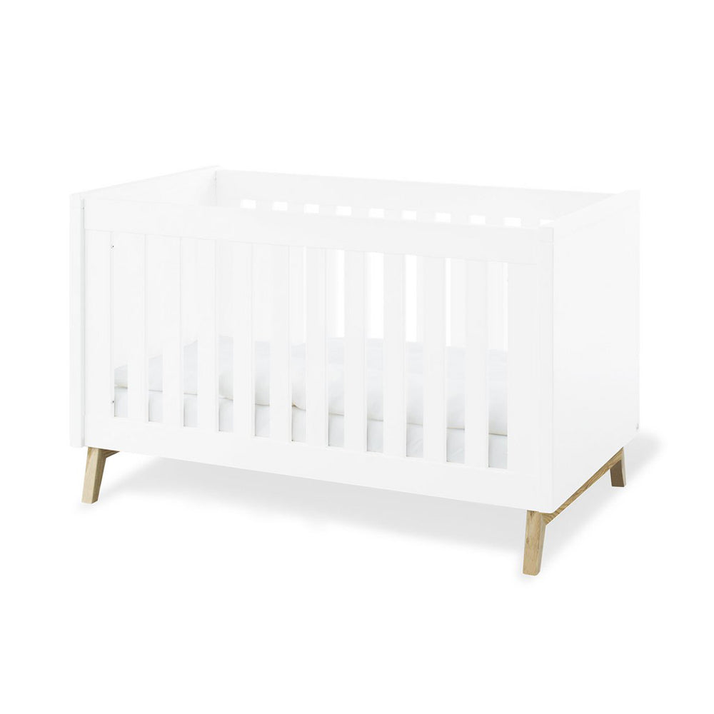 Weißes Babybett Riva 70x140 cm, höhenverstellbar und umbaubar, modernes Design für Kinderzimmer Möbel und Babymöbel Neu.