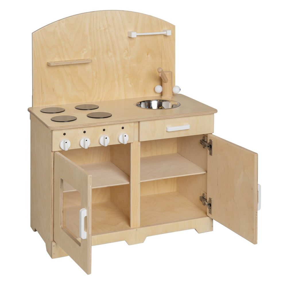Kinderküche aus Birkensperrholz mit Kochfeldern, Metallwaschbecken und Stauraum für kreativen Spielspaß und kindliche Entwicklung.