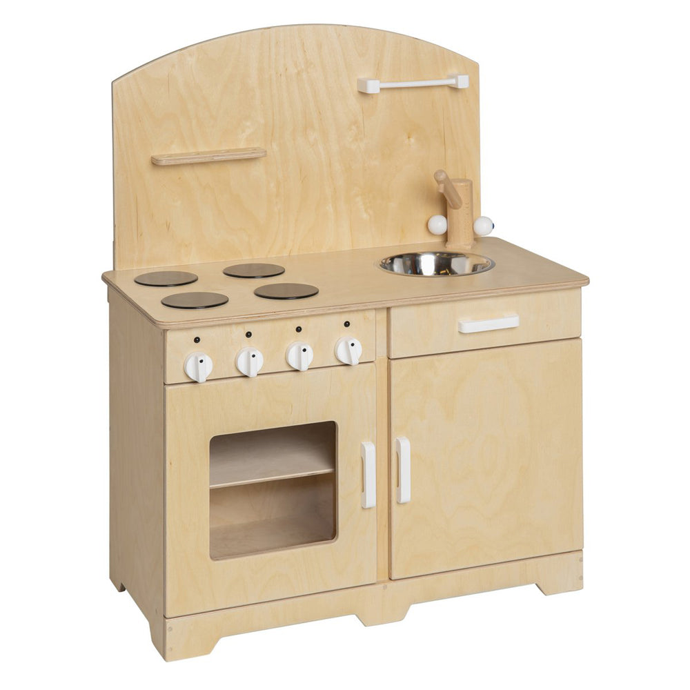 Kinderküche aus Birkensperrholz mit Soft-Close, Metallwaschbecken, Stauraum, ideal für kreatives Spielen in Spielmöbel und Kinderküchen & Zubehör.