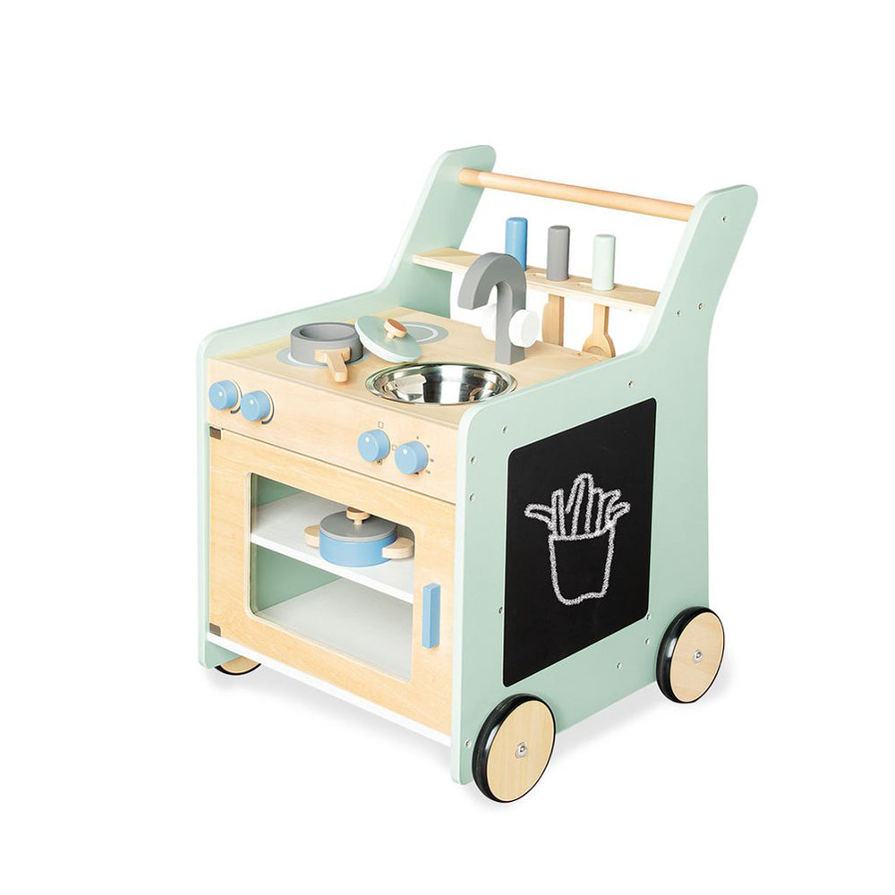 Rollbare Kinderküche aus Holz mit Kochfeld, Spüle und Zubehör, ideal für Spielmöbel in Spielzeug & Spiele und Kinderküchen & Zubehör.