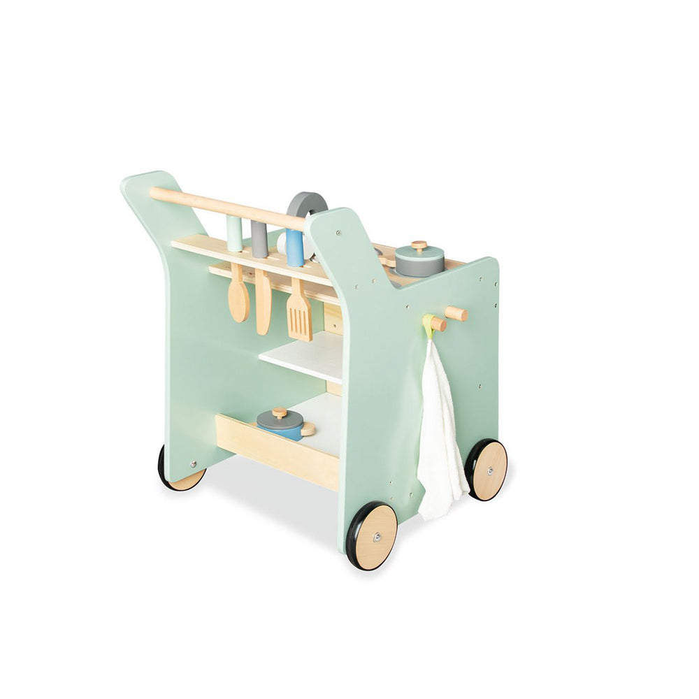 Rollbarer Küchenwagen aus Holz mit 6-teiligem Kochset, ideal für Kinderküchen & Spielmöbel in Spielzeug & Spiele Kollektion.