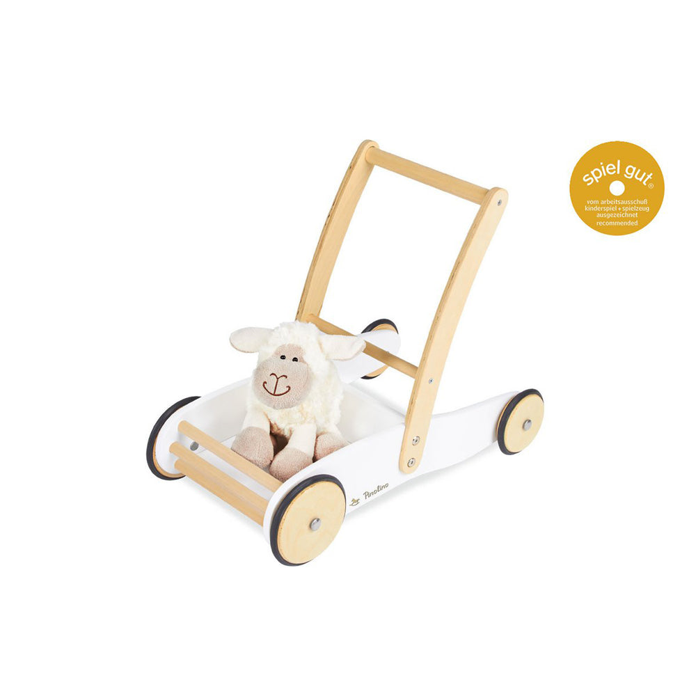 Lauflernwagen aus Buche mit Bremssystem und niedlichem Plüsch-Schaf, ideal für Spiel & Bewegung Kinder und Geschenke.