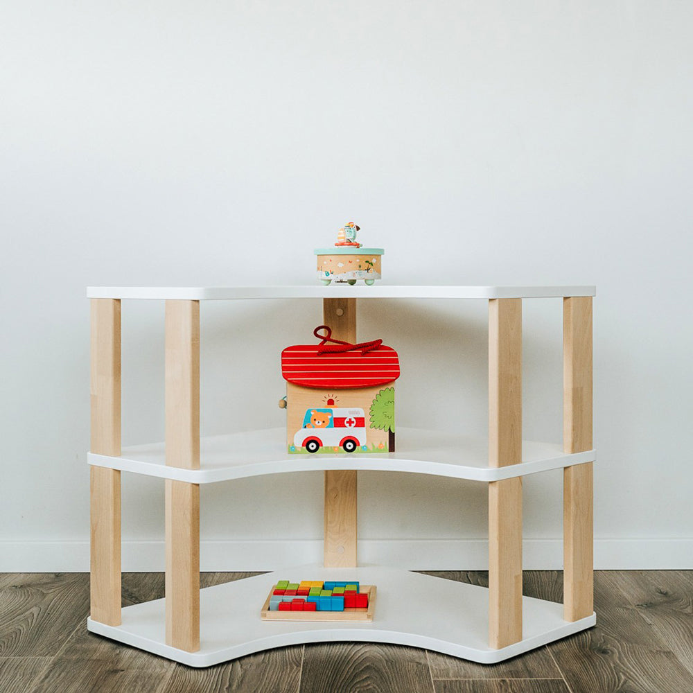 Modulares Montessori-Eckregal aus Birkenholz 60x56x60 cm, mit 3 Ablage