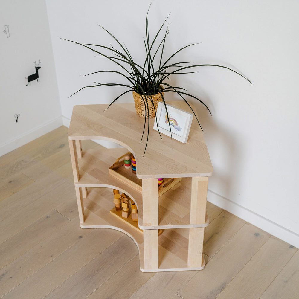 Modulares Montessori-Eckregal aus Birkenholz 60x56x60 cm, mit 3 Ablage