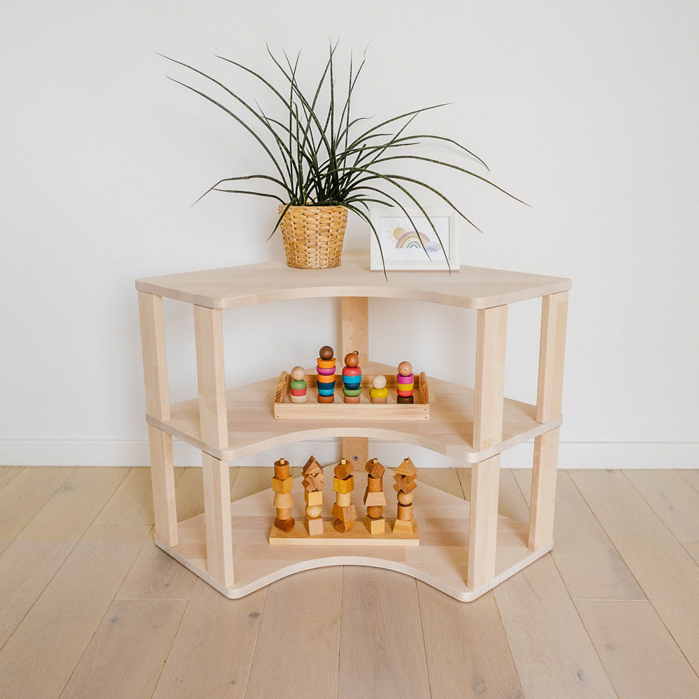 Modulares Montessori-Eckregal aus Birkenholz 60x56x60 cm, mit 3 Ablage