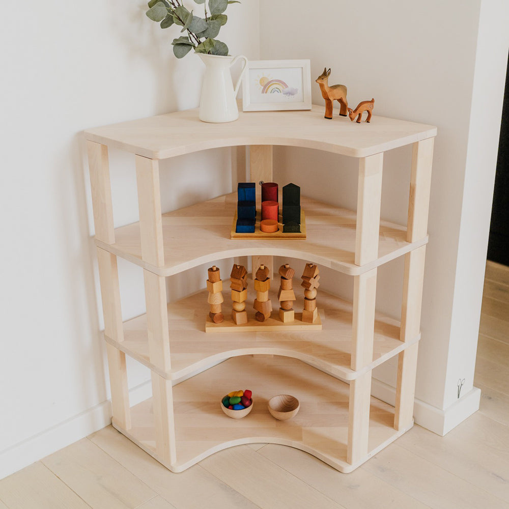 Modulares Montessori-Eckregal aus Birkenholz 60x83x60 cm, mit 4 Ablage