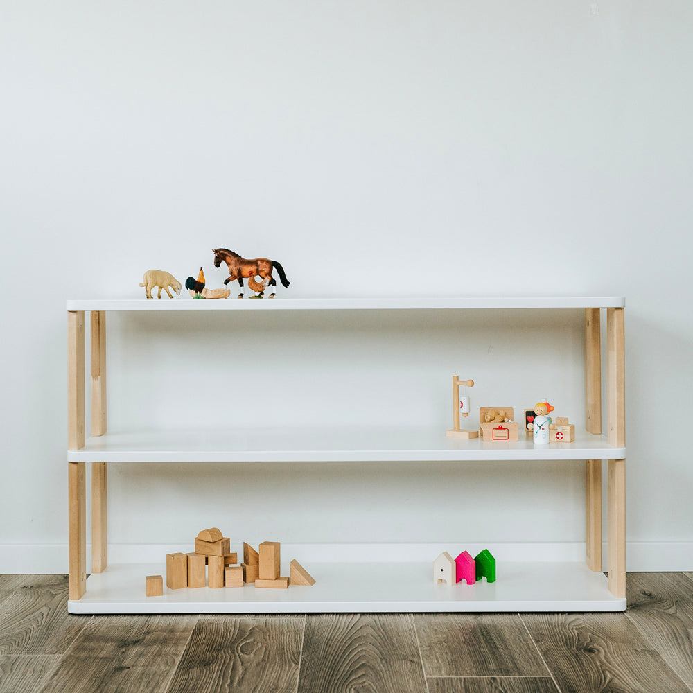 montessori aufbewahrung Modulares Montessori-Regal aus Birkenholz 100x56x30 cm, mit 3 Ablagen