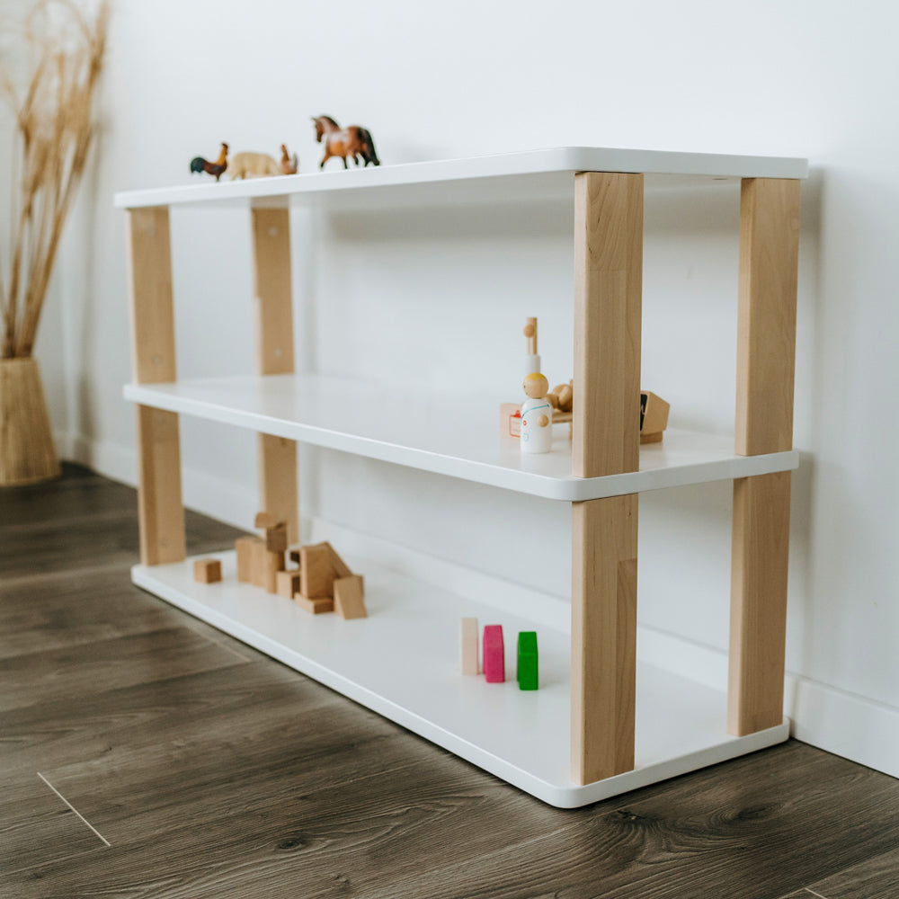 Modulares Montessori-Regal aus Birkenholz mit 3 Ablagen, ideal für Aufbewahrung im Kinderzimmer und Regale für Kinder.