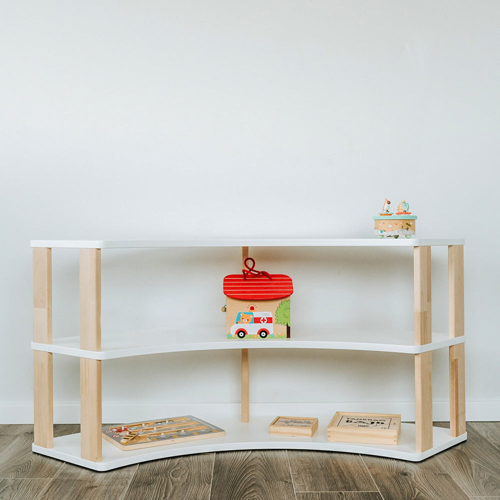 montessori aufbewahrung Gebogenes modulares Montessori-Regal aus Birkenholz 85x56x85 cm, mit 3