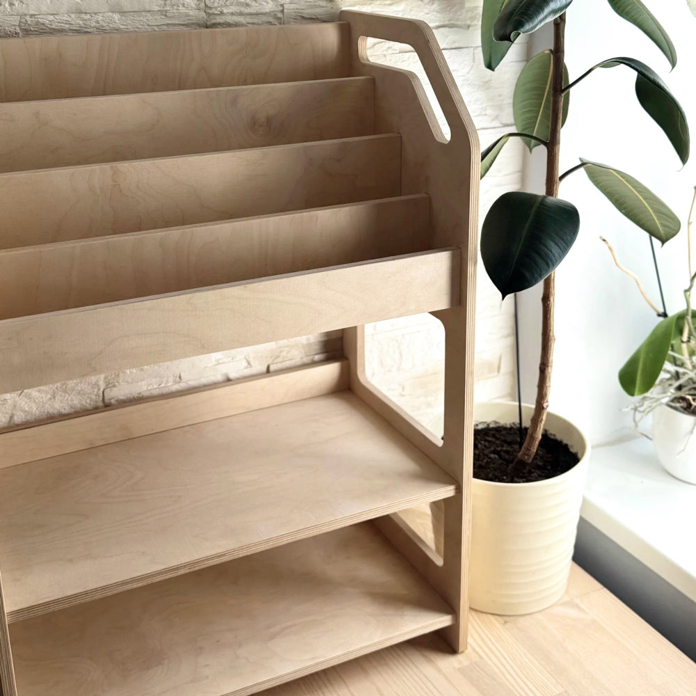 Montessori Bücherregal aus Holz mit Ablagefächern, handgefertigter Fei