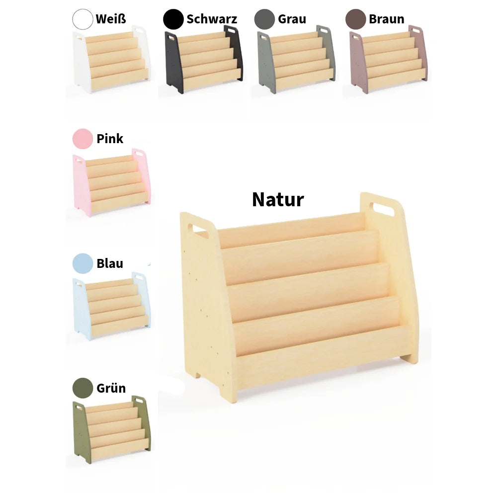 Montessori Bücherregal aus Holz in verschiedenen Farben, handgefertigt, ideal für Kinderzimmer Möbel und Aufbewahrung im Kinderzimmer.