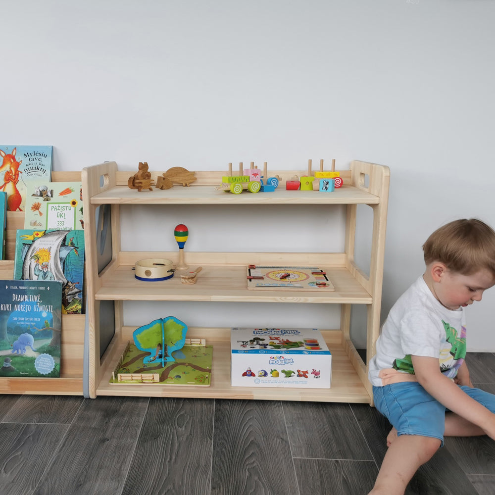 montessori spielzeug aufbewahrung Montessori Spielzeugregal Maxi aus Birkenholz 81x66x42 cm, mit 3 Ablag