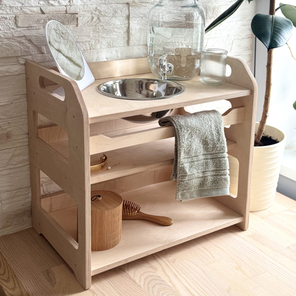 montessori aufbewahrung Montessori Kinder-Waschtisch aus Holz mit Stauraum & Emaille Schüssel,