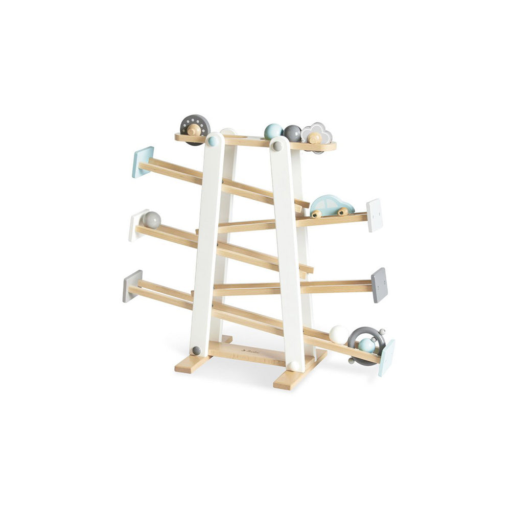 Kugelbahn Motorikspielzeug aus Holz mit 4 Kugeln und 4 Rollelementen, ideal für spielerische Förderung der Motorik bei Kindern.