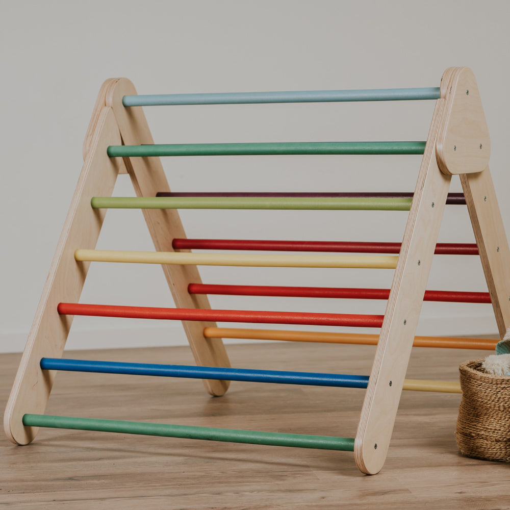 Pikler Kletterdreieck aus Holz mit bunten Regenbogenstangen für Spiel & Bewegung Kinder in der Pünktchen & Herzchen Themenwelt.