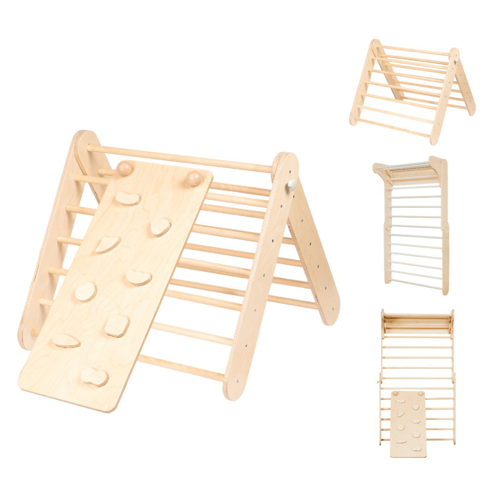 Erweiterung 2in1 Rampe und Rutsche aus natürlichem Birkensperrholz für Pikler Kletterdreieck und Sprossenwand, fördert Bewegung und Spielspaß.