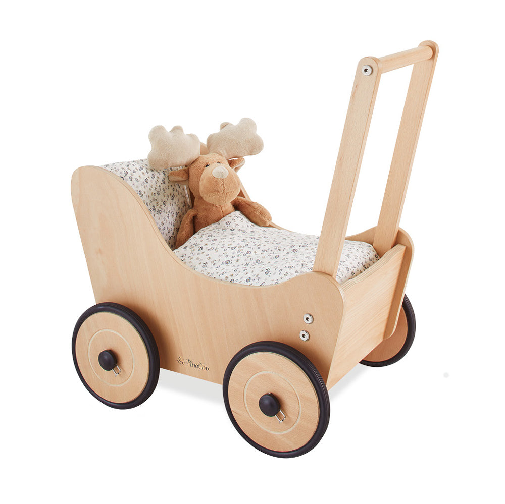 Puppen- und Lauflernwagen aus Holz mit Bremssystem, ideal für Spielzeug & Spiele, Geschenke und Bewegung bei Kindern, nachhaltig und sicher.