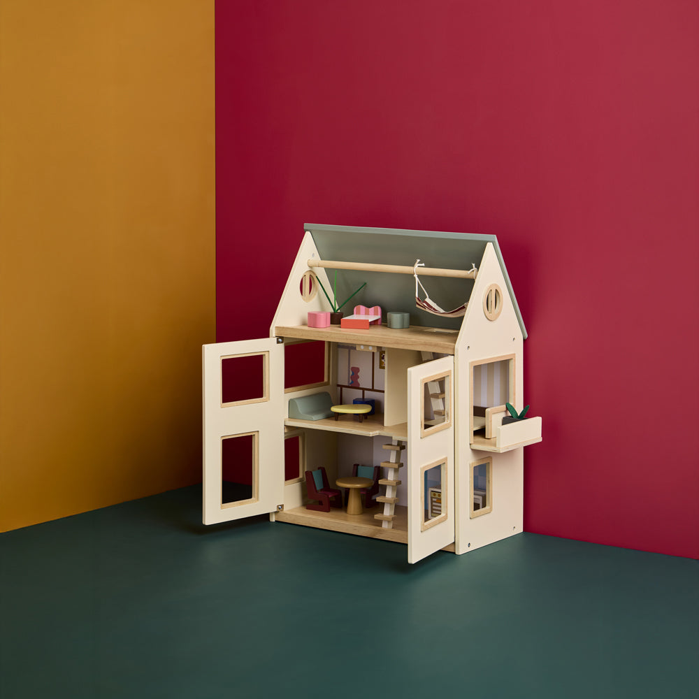 Puppenhaus aus Holz mit Möbeln und drei Ebenen, ideal für Spielzeug & Spiele, Geschenke und Motorik- & Holzspielzeug für Kinder.