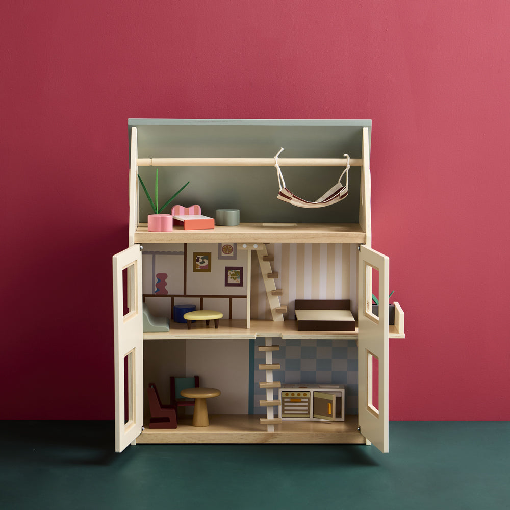 Puppenhaus aus Holz mit drei Ebenen und 14 Teilen, inklusive Möbeln, ideal für Spielzeug & Spiele und Motorikspielzeug Kinder.