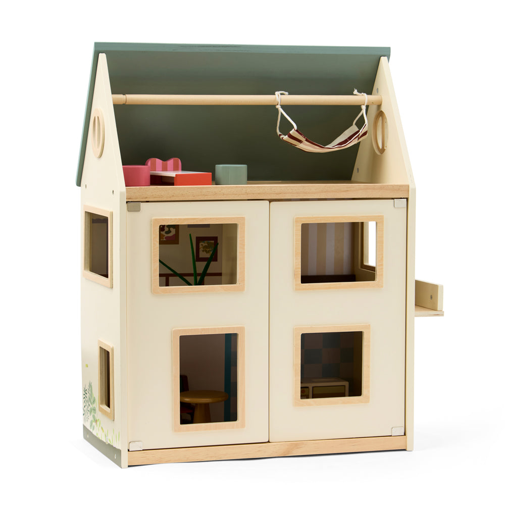 Holz Puppenhaus mit drei Ebenen und 14 Teilen, ideal als Spielzeug & Spiele, Motorik- & Holzspielzeug für Kinder zum Verschenken und Spielen.