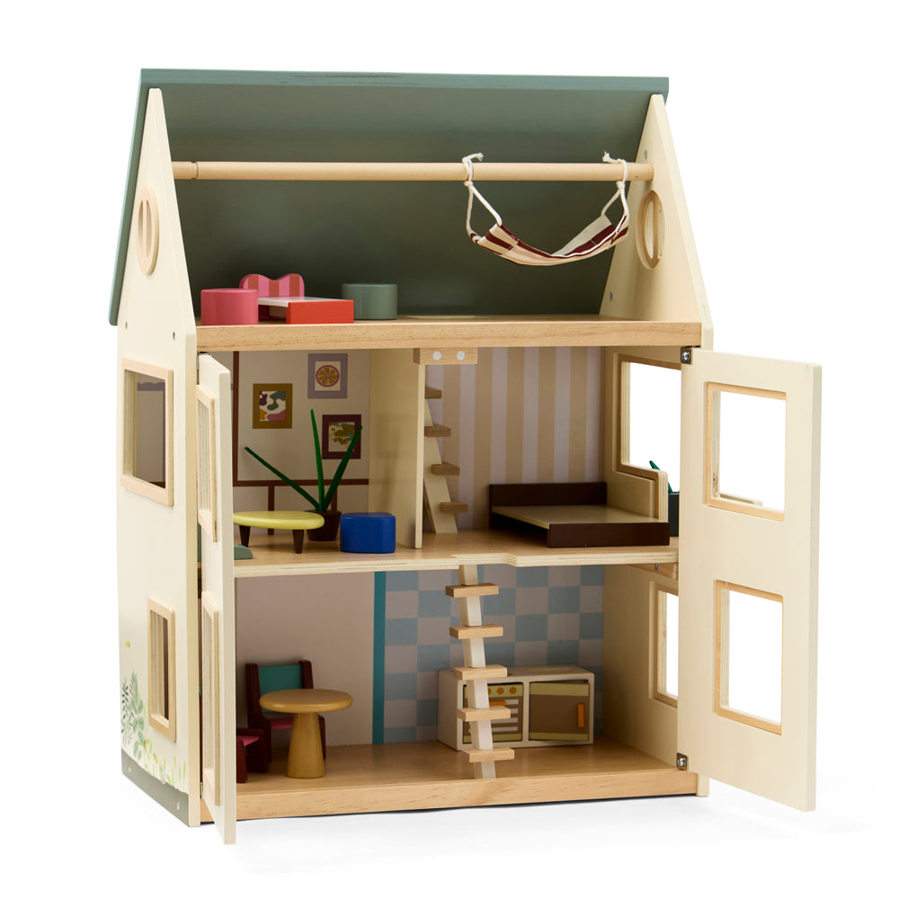 Holz-Puppenhaus mit drei Ebenen, Türen, Möbeln und Hängematte, ideal für Kinder aus den Kategorien Spielzeug & Spiele und Motorikspielzeug.