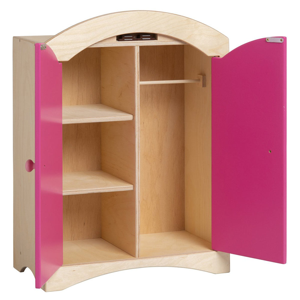 Puppen-Kleiderschrank aus Holz in Pink für Spielzeug & Spiele Neu, mit Regalen und Hängefläche, ideal für kreatives Rollenspiel.