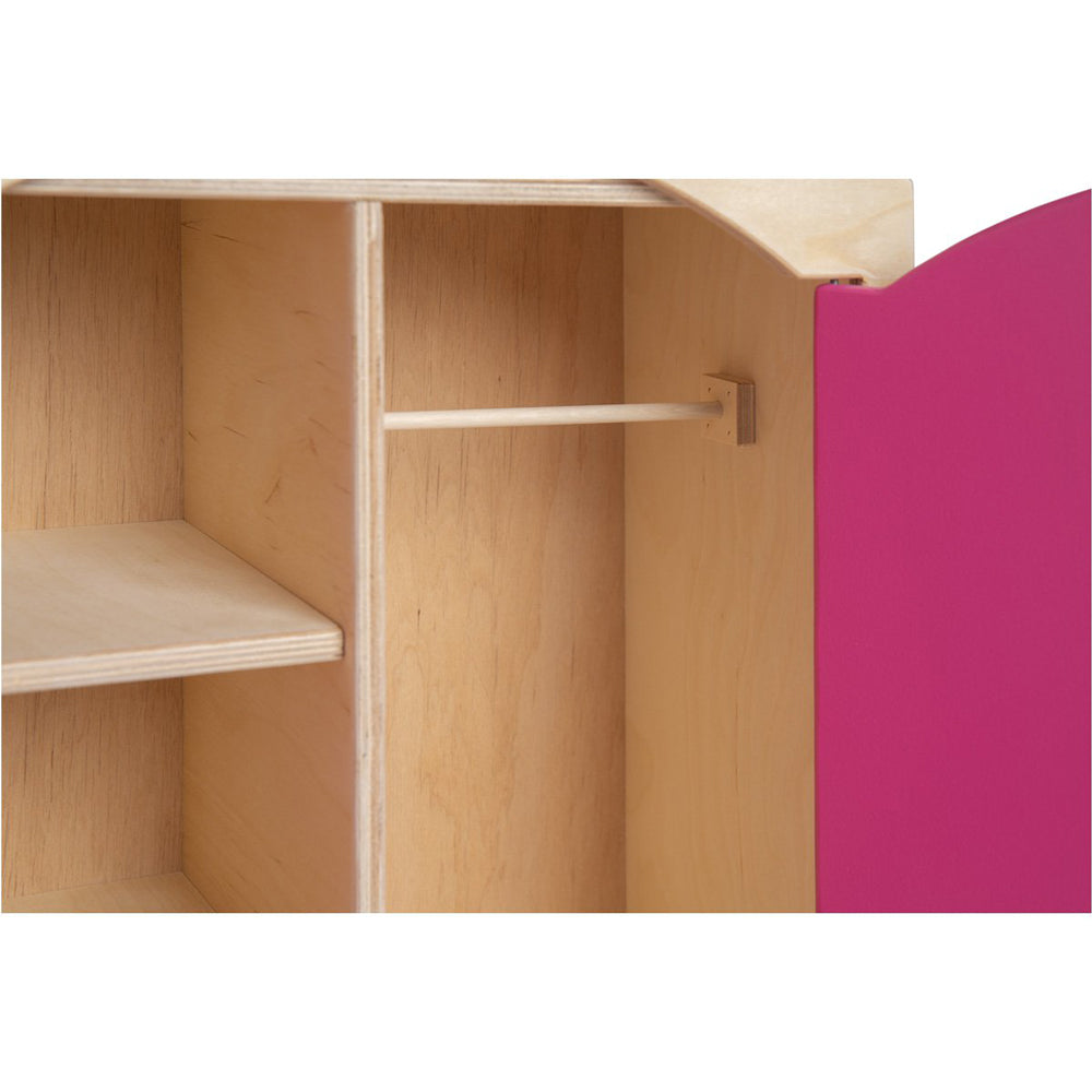 Puppen-Kleiderschrank aus Holz mit pinker Tür, Hängefläche und Regalen, ideal für Spielzeug & Spiele Neuheiten.