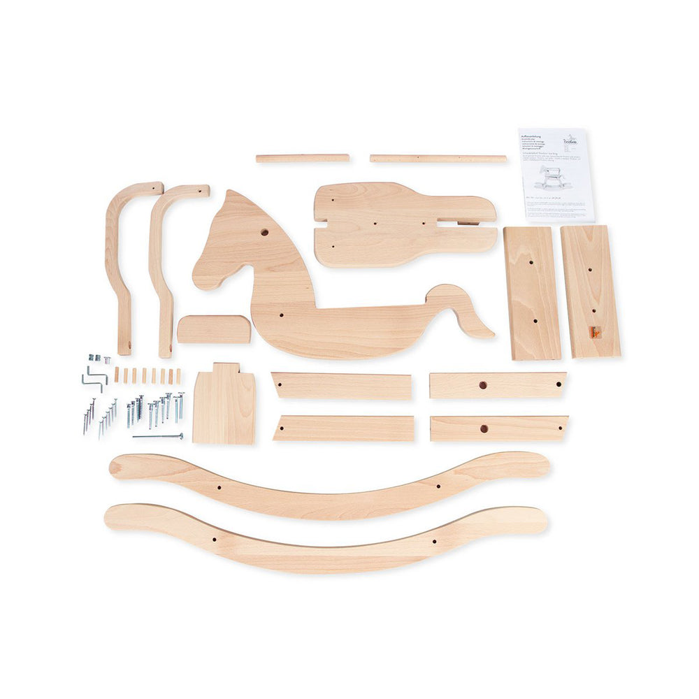 Zusammengebaute Einzelteile für ein Schaukelpferd aus Holz mit Sicherheitsbügel aus der Kollektion Fahr, Wipp- & Schaukelspielzeug für Kinder.